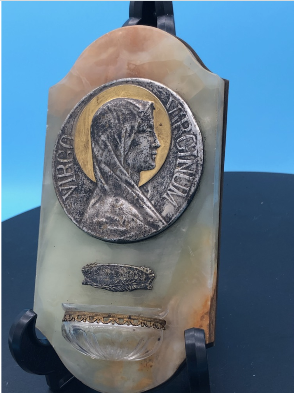 Mary Holy Water font on Silvered Copper relief. Stunning From France