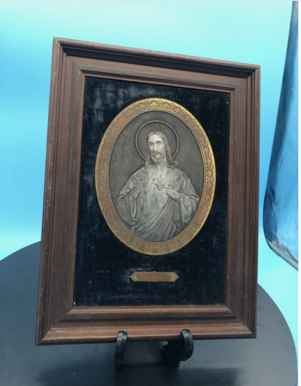 Sacred Heard Engraving on Black Velvet and Walnut Frame