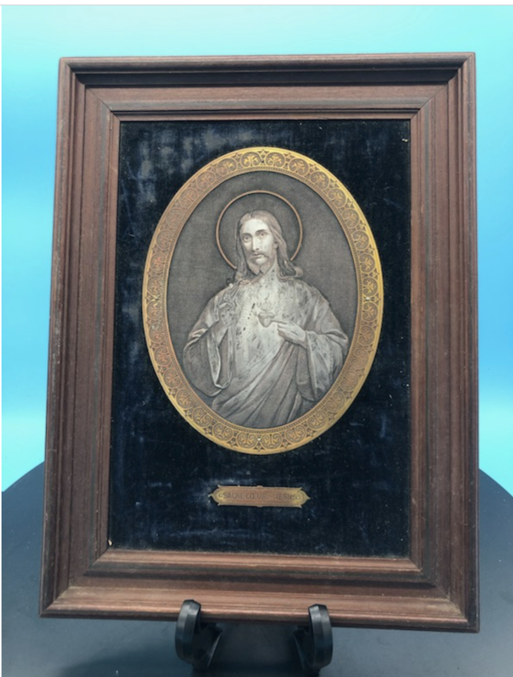 Sacred Heard Engraving on Black Velvet and Walnut Frame