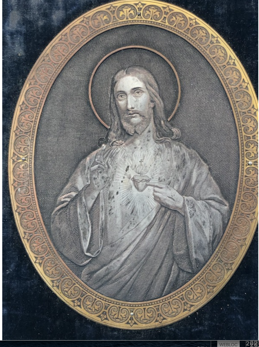 Sacred Heard Engraving on Black Velvet and Walnut Frame