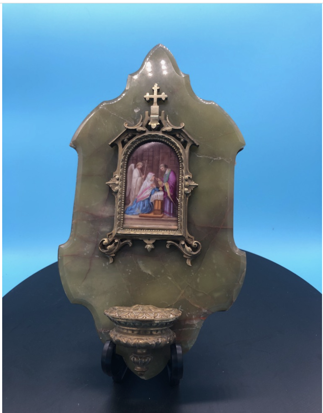 Hand Painted Porcelian of Our Lady Receiving Holy Communion from St John on Onyx