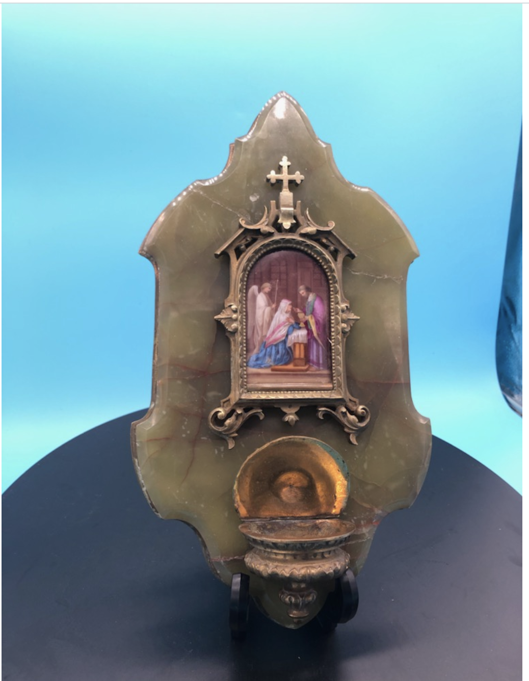 Hand Painted Porcelian of Our Lady Receiving Holy Communion from St John on Onyx