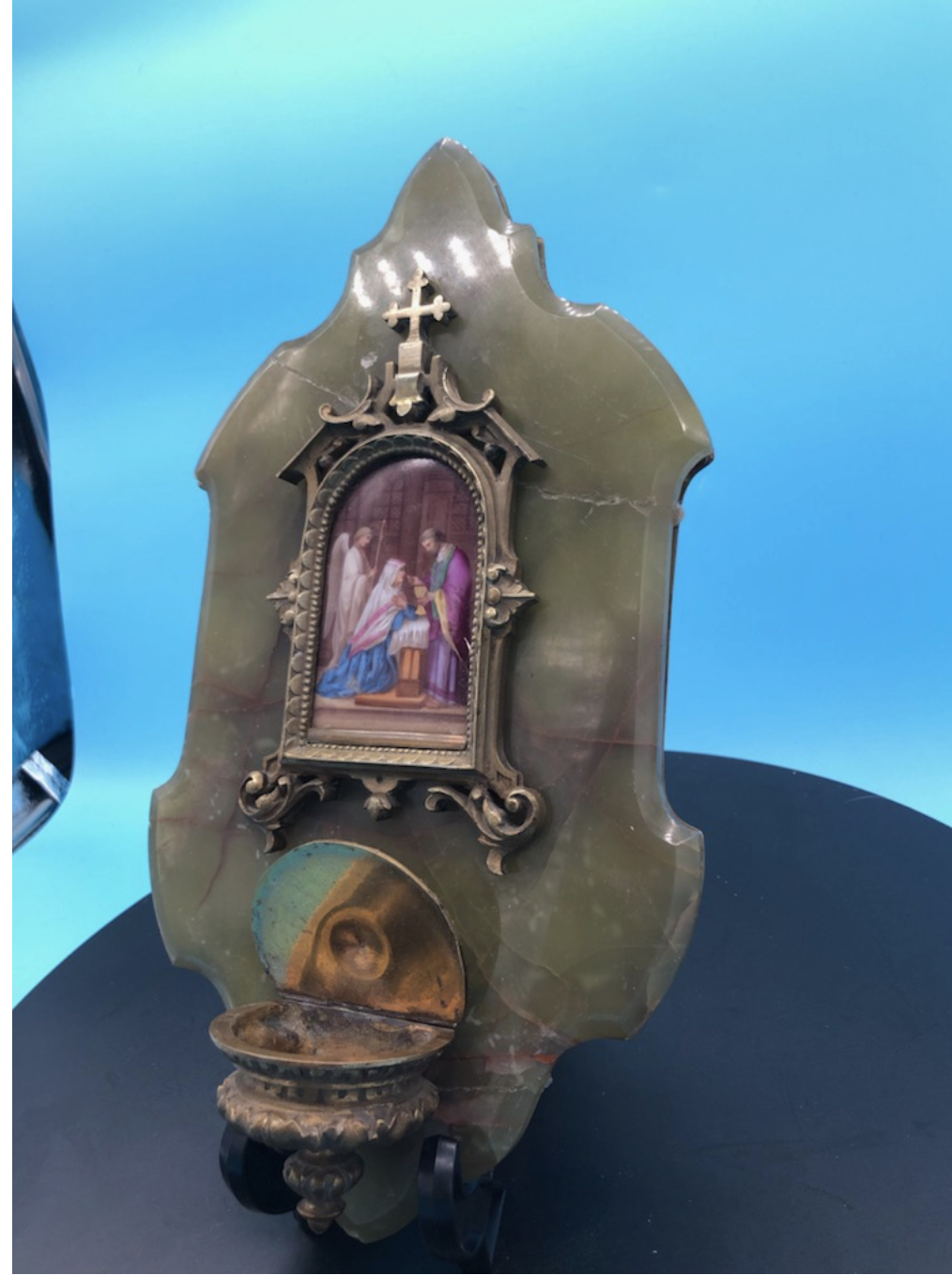 Hand Painted Porcelian of Our Lady Receiving Holy Communion from St John on Onyx