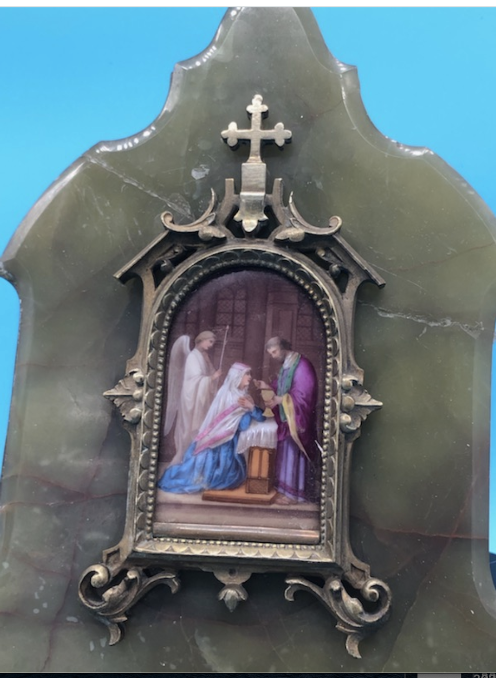 Hand Painted Porcelian of Our Lady Receiving Holy Communion from St John on Onyx