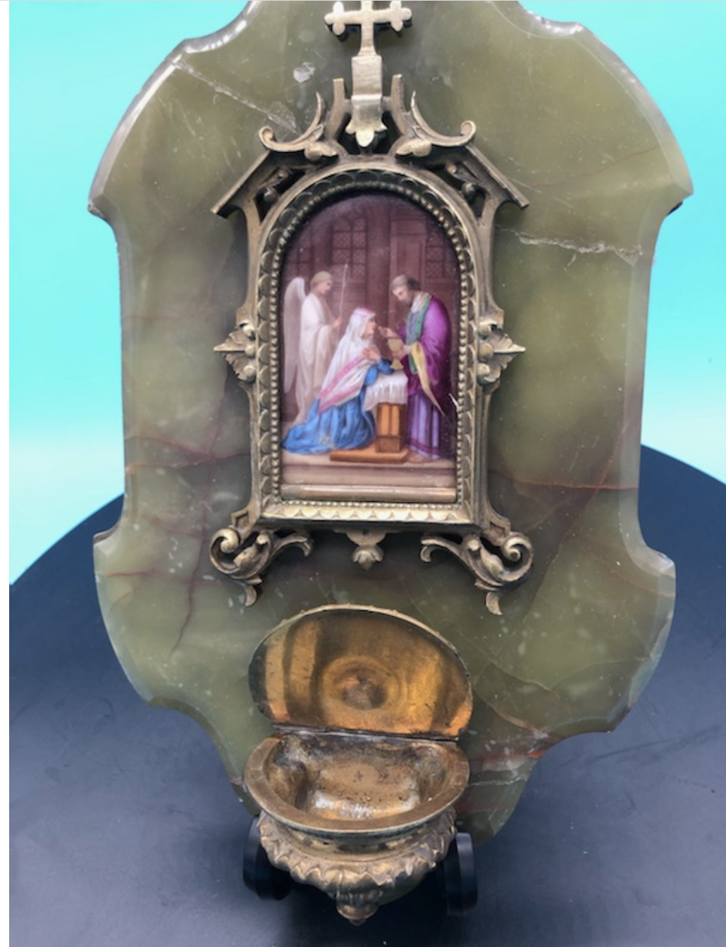 Hand Painted Porcelian of Our Lady Receiving Holy Communion from St John on Onyx