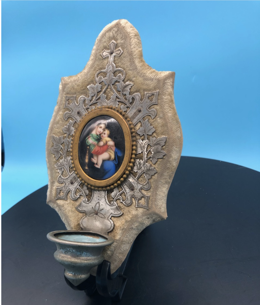 French White Velvet Hand Painted Porcelian on Hand cut copper w/ silver plate Holy Water Font