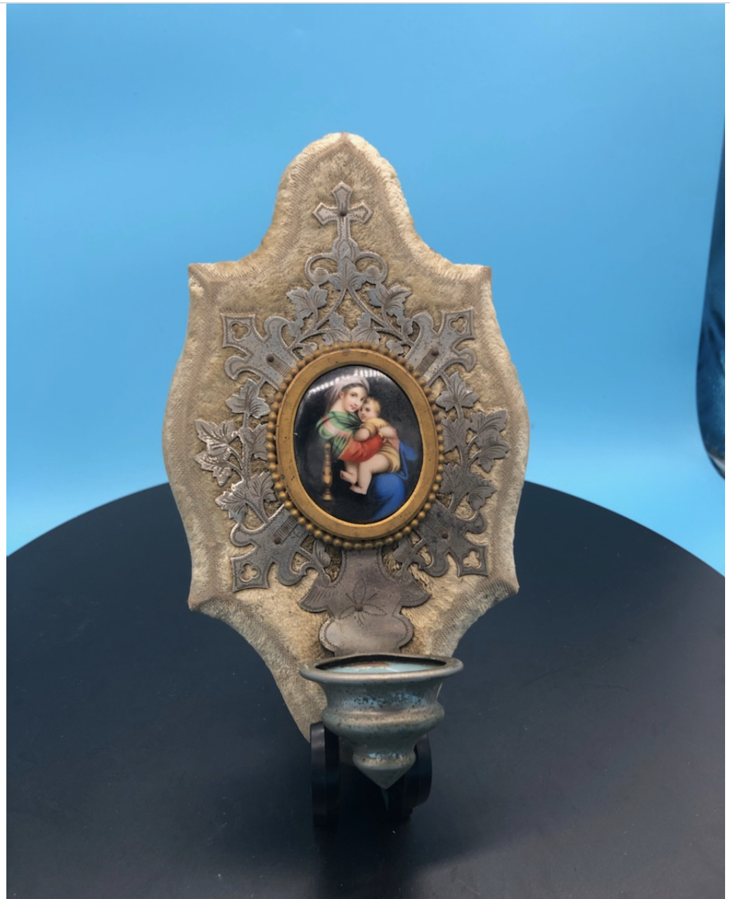 French White Velvet Hand Painted Porcelian on Hand cut copper w/ silver plate Holy Water Font