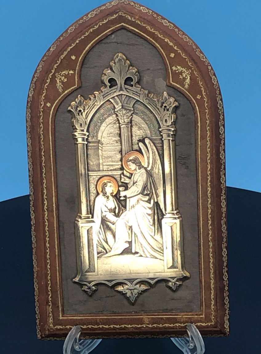 French Engraved Our Lady Receiving Holy Eucharist from Angel