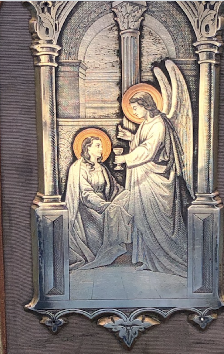 French Engraved Our Lady Receiving Holy Eucharist from Angel