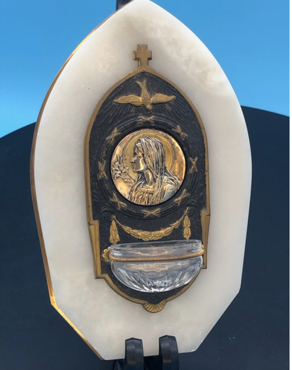 French Onyx Holy Water Font With Virgin Mary Embossing