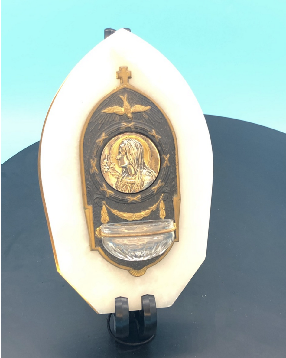 French Onyx Holy Water Font With Virgin Mary Embossing