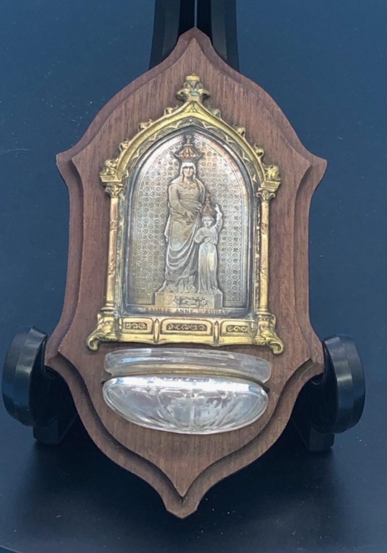 St Anne and Mother Mary as Child On Walnut Holy Water Front signed BW