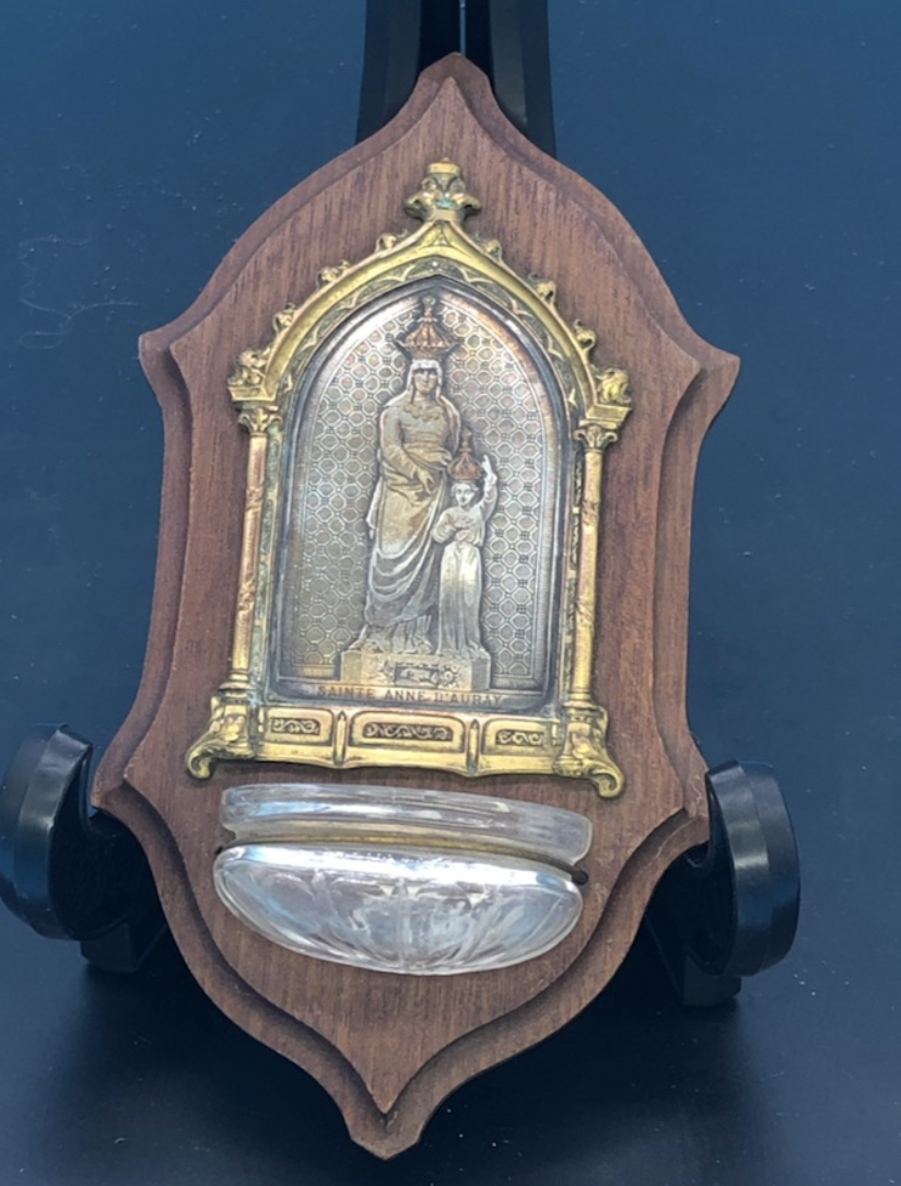 St Anne and Mother Mary as Child On Walnut Holy Water Front signed BW