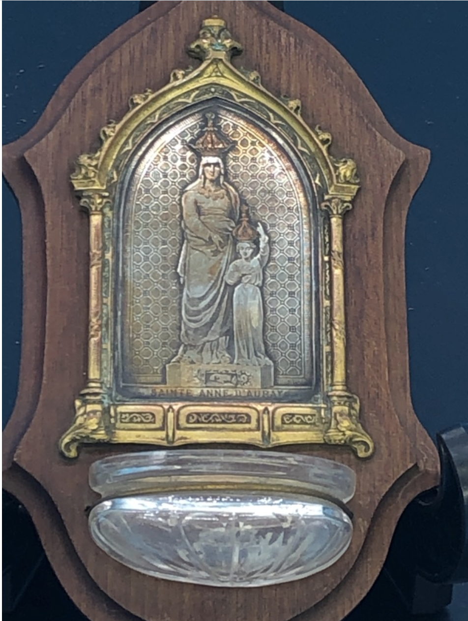 St Anne and Mother Mary as Child On Walnut Holy Water Front signed BW