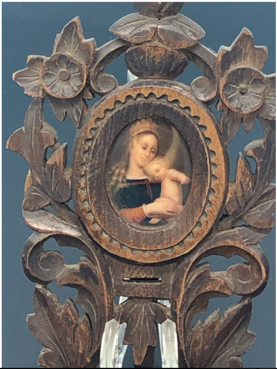 Hard Carved wood and Hand Made Porcelian of Our Lady and Child. Unique