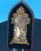 Engraved Image of First Holy Communion on blue navy velvet on walnut