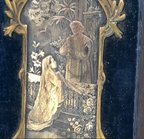 Engraved Image of First Holy Communion on blue navy velvet on walnut