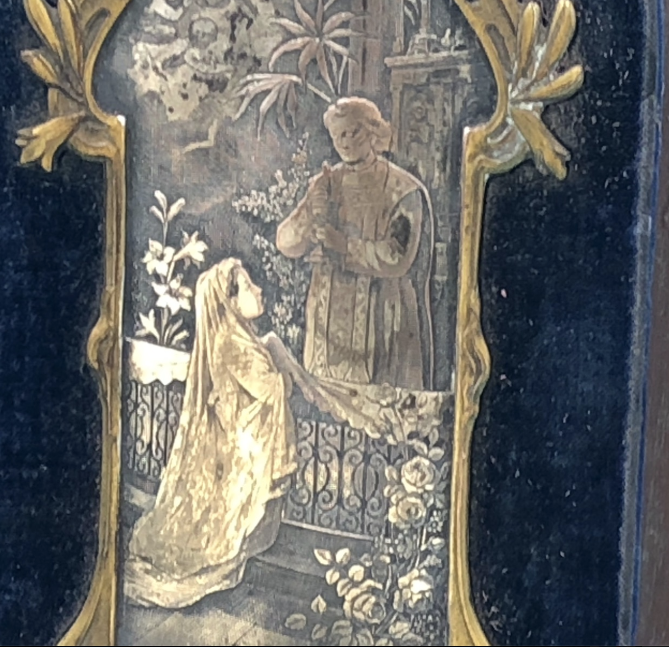 Engraved Image of First Holy Communion on blue navy velvet on walnut