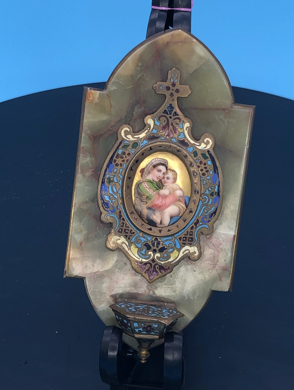 Stunning Onyx backed by Brass and Enameled image of Raphaels Madonna and Child