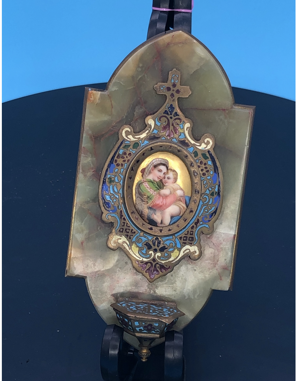 Stunning Onyx backed by Brass and Enameled image of Raphaels Madonna and Child
