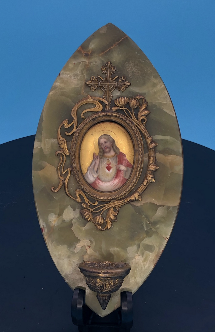 Stunning Green Onyx Porcelian of Sacred Heart in Elipical Pattern. Great rare French Piece