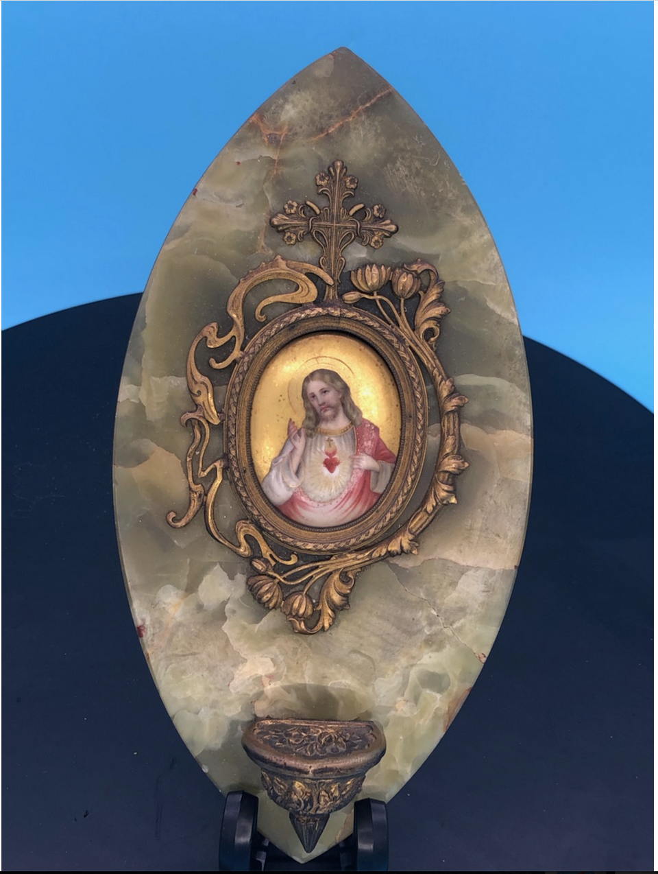 Stunning Green Onyx Porcelian of Sacred Heart in Elipical Pattern. Great rare French Piece