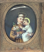 French Porcelian St Anthony and Child in Hand carved Frame