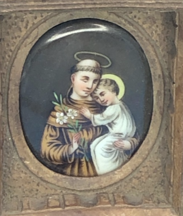 French Porcelian St Anthony and Child in Hand carved Frame