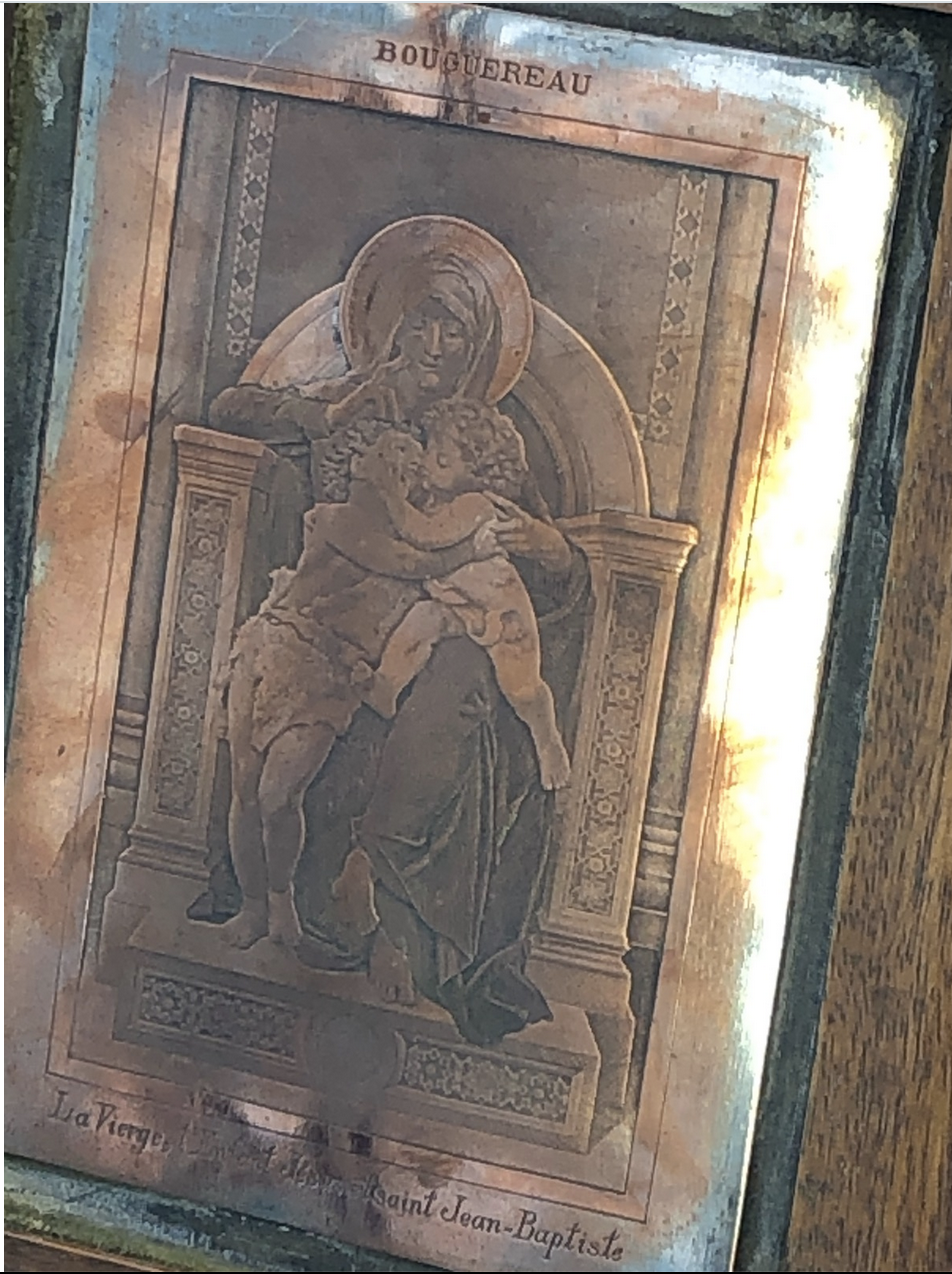 Infant Child, John the Baptist and Our lady Engraved and signed mounted in Walnut