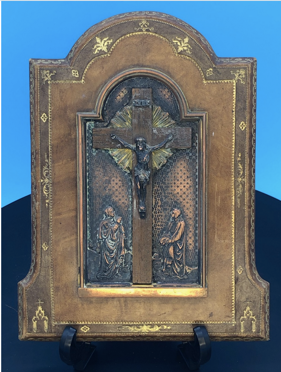 French Crucifixion Secne on Tooled Leather and hand engraved.