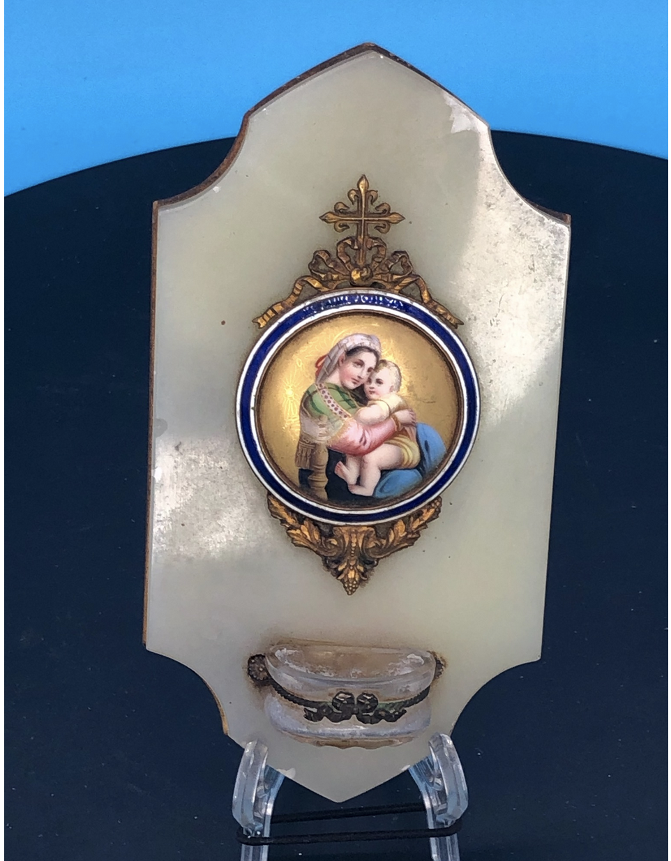 French Onyx and hand painted Porceliane of Raphaels Madonna and Child
