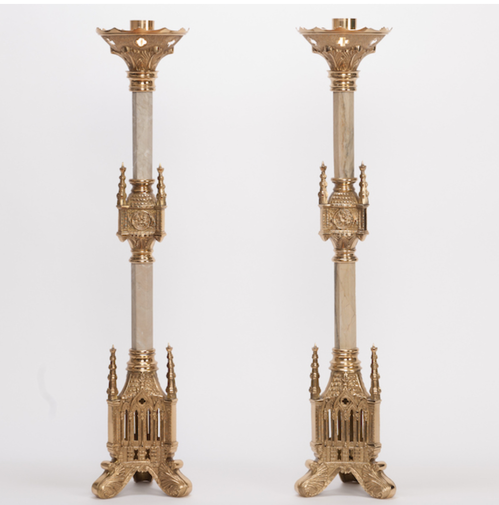 H-124 24" Gothic Marble and Brass Candlestick