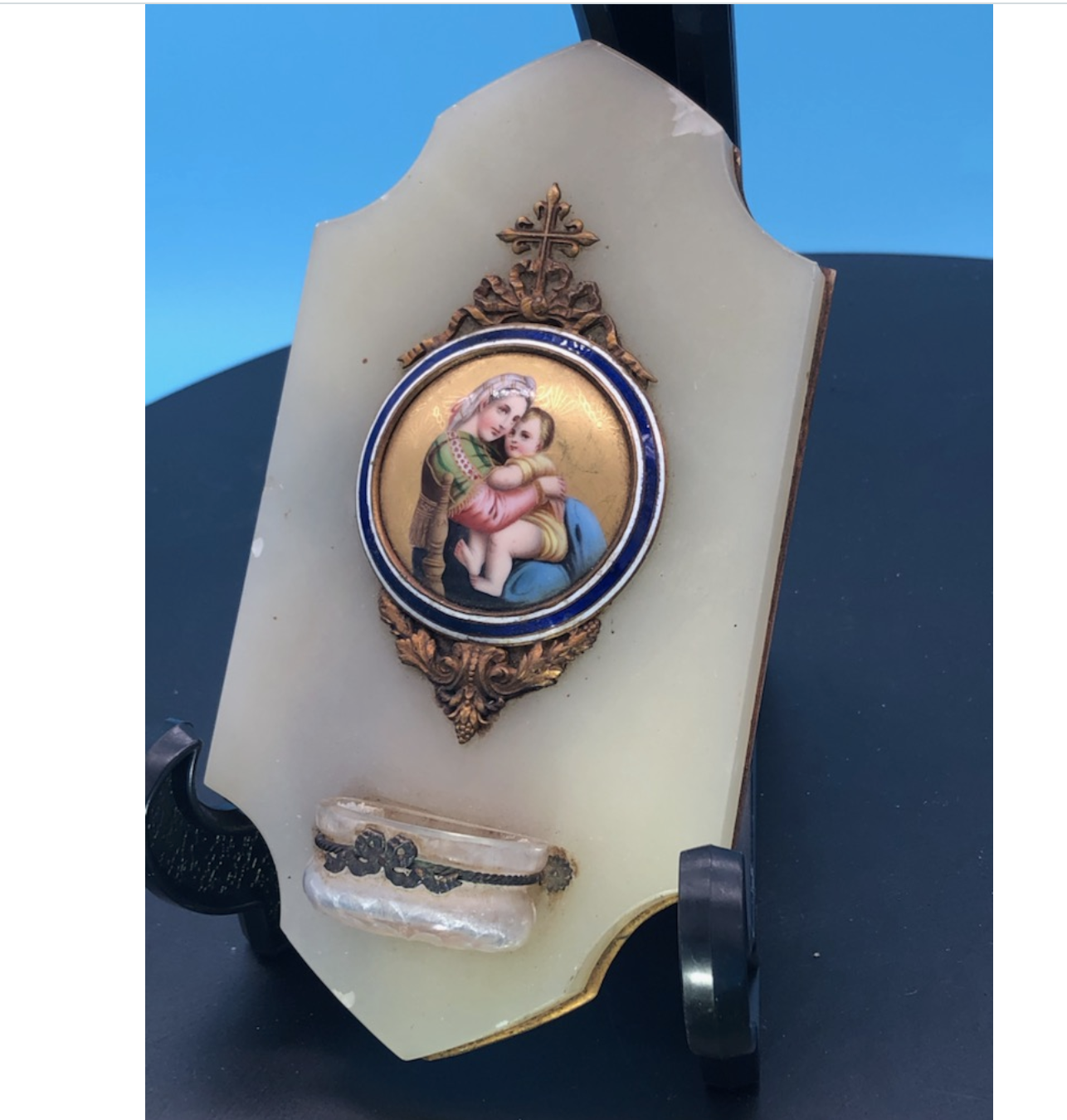 French Holy Water Font with Hand Painted 24k Porcelain on Onyx