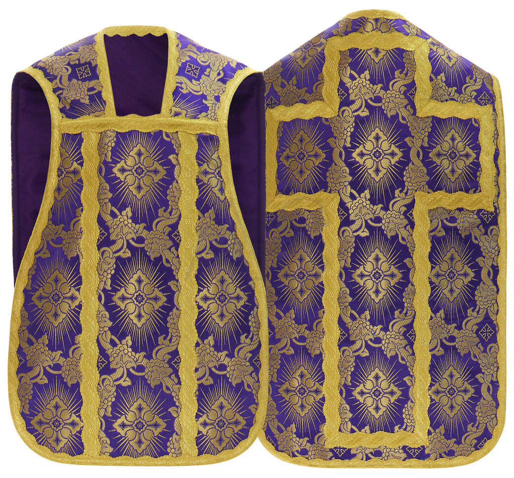 Silk damask Roman chasuble with gold cross, violet