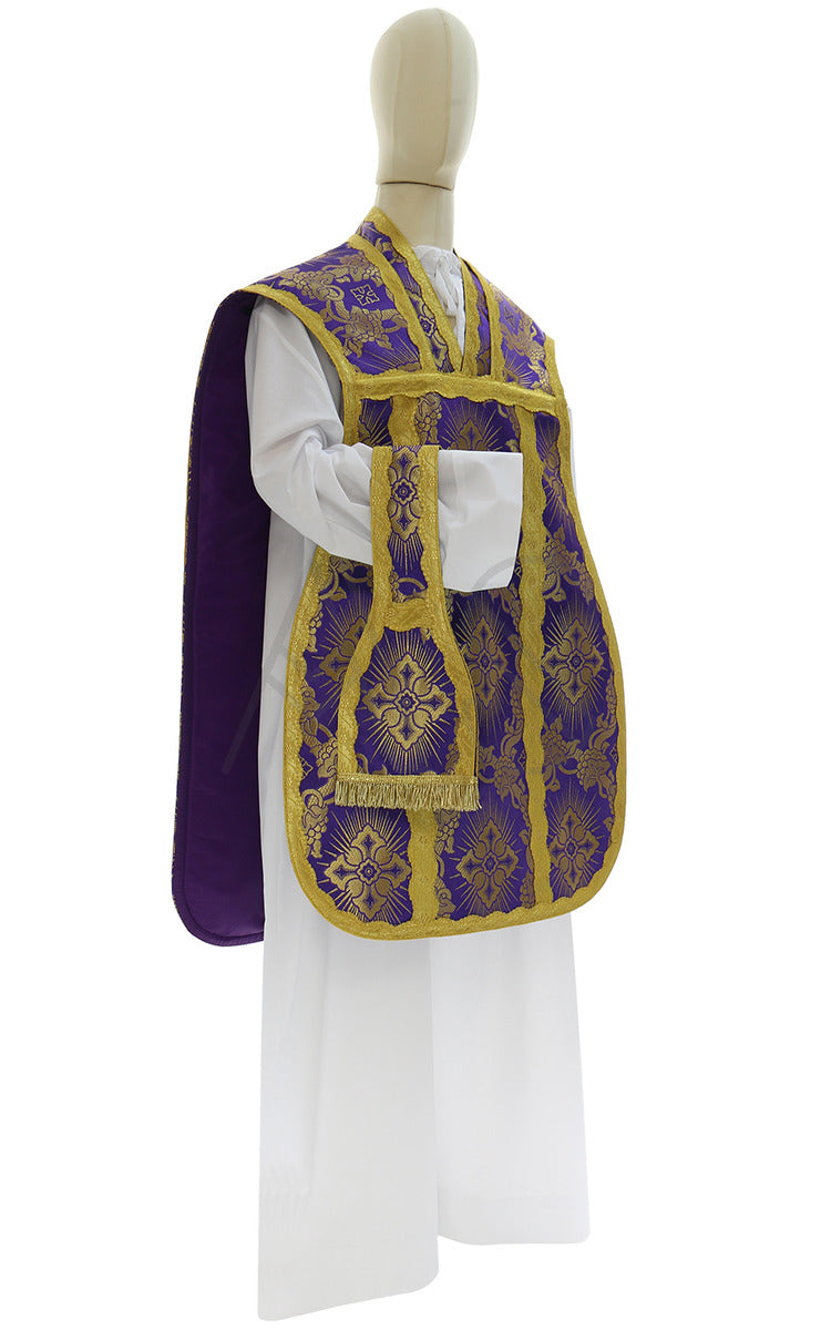 Silk damask Roman chasuble with gold cross, violet, side view